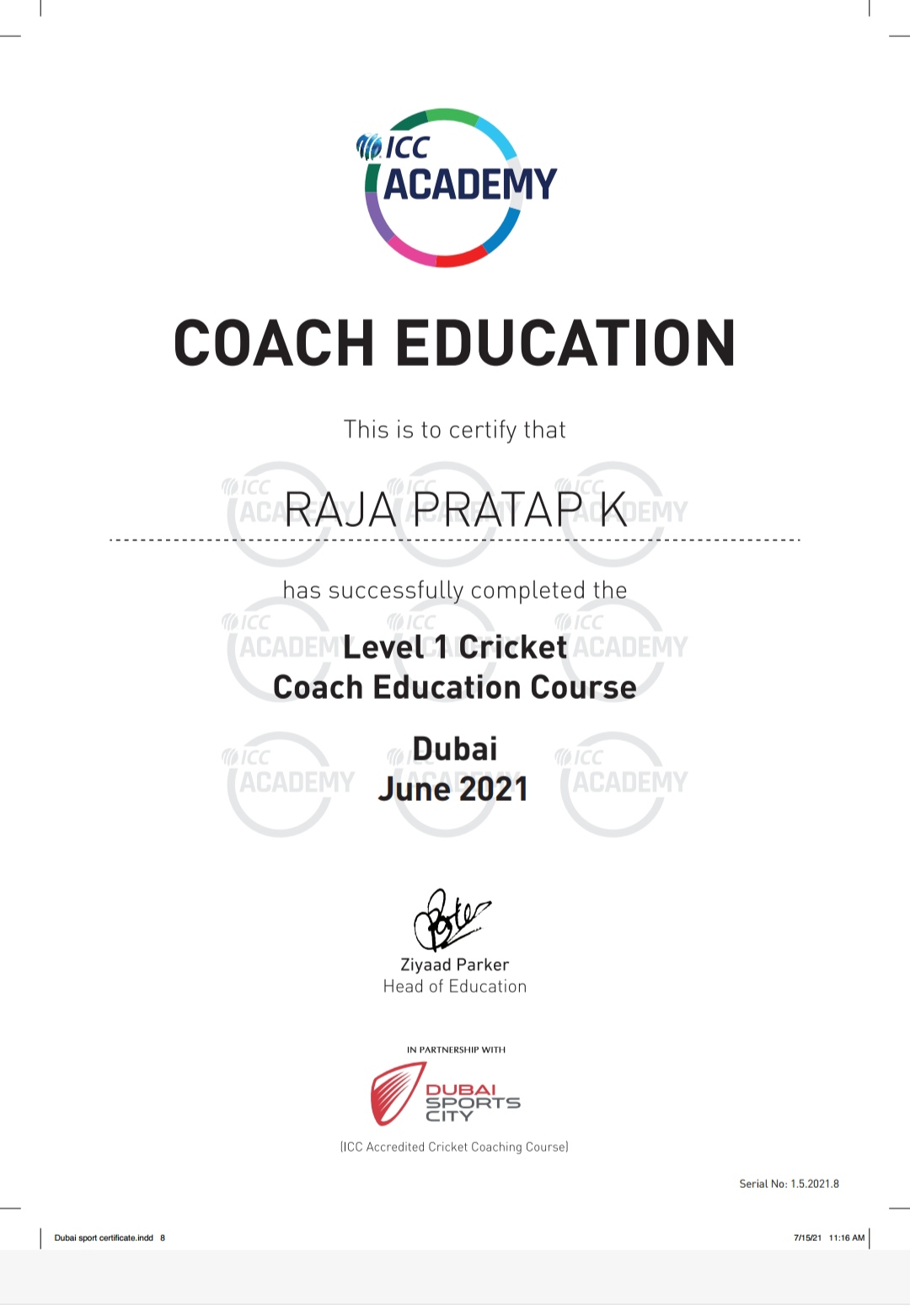 certificate - ICC LEVEL 1 COACH CERTIFICATION 