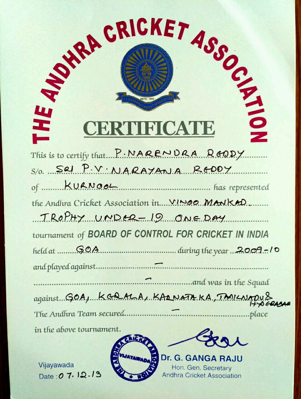 certificate - Played state level,Nationals and university from andhra 